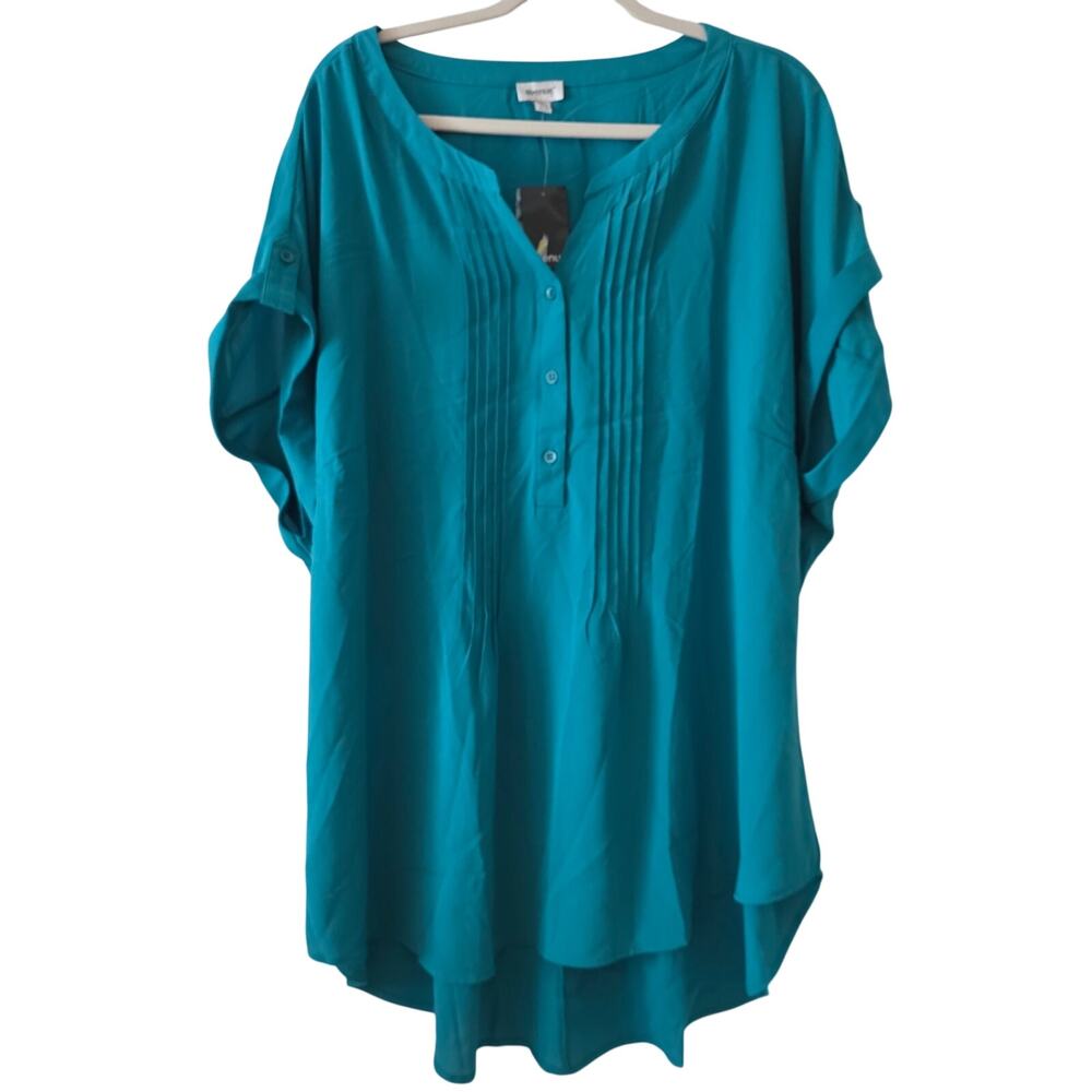 Avenue Teal Pleated Henley Tunic Blouse Size 26/28